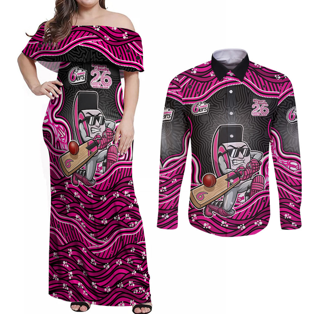 Sydney Sixers NAIDOC Week 2026 Couples Matching Off Shoulder Maxi Dress and Long Sleeve Button Shirt Aboriginal Indigenous - 50 Years of Deadly