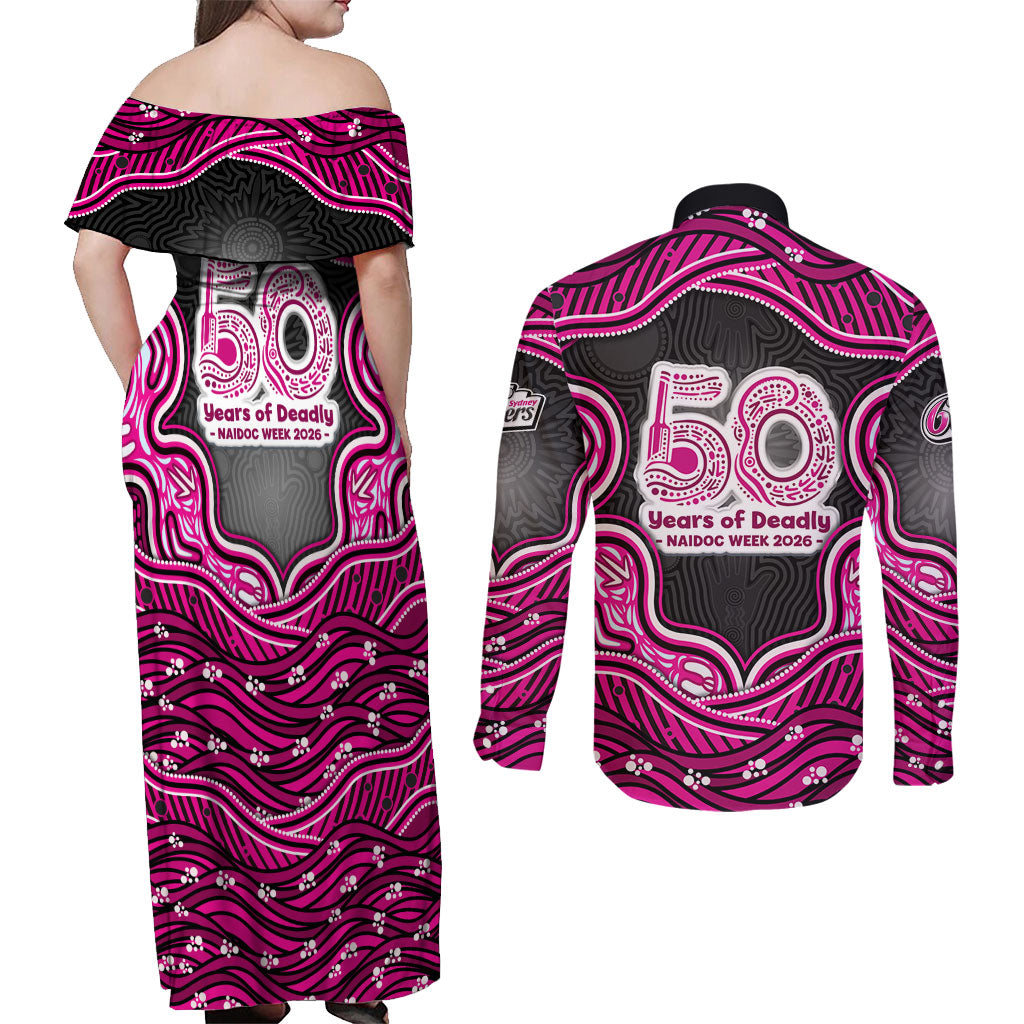 Sydney Sixers NAIDOC Week 2026 Couples Matching Off Shoulder Maxi Dress and Long Sleeve Button Shirt Aboriginal Indigenous - 50 Years of Deadly