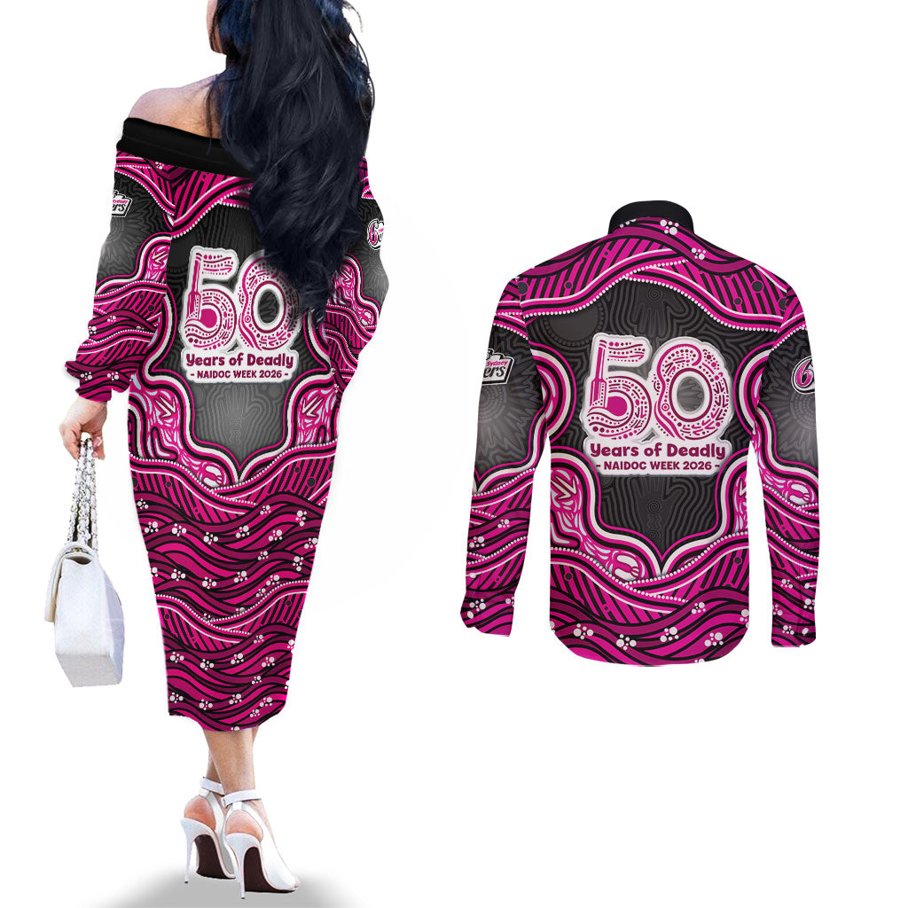 Sydney Sixers NAIDOC Week 2026 Couples Matching Off The Shoulder Long Sleeve Dress and Long Sleeve Button Shirt Aboriginal Indigenous - 50 Years of Deadly