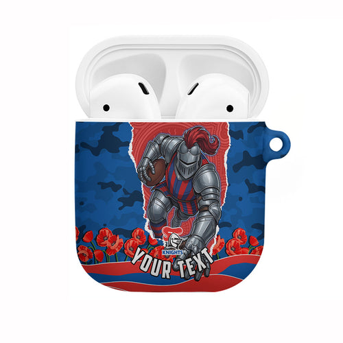 Personalized Newcastle Knights ANZAC Tribute AirPods Case Poppy Field Soldier Silhouette Aboriginal Rugby Mascot