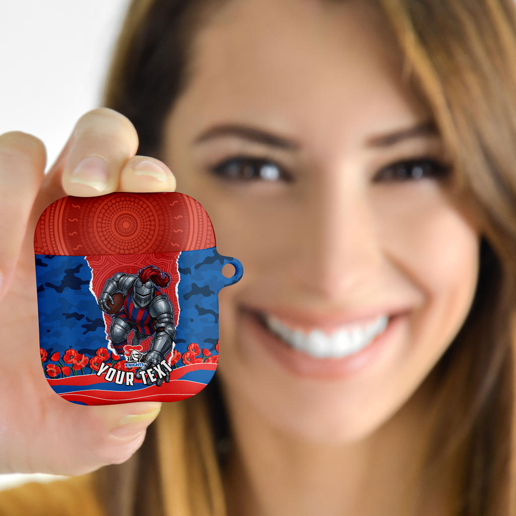 Personalized Newcastle Knights ANZAC Tribute AirPods Case Poppy Field Soldier Silhouette Aboriginal Rugby Mascot
