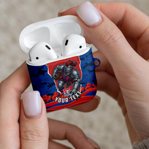 Personalized Newcastle Knights ANZAC Tribute AirPods Case Poppy Field Soldier Silhouette Aboriginal Rugby Mascot