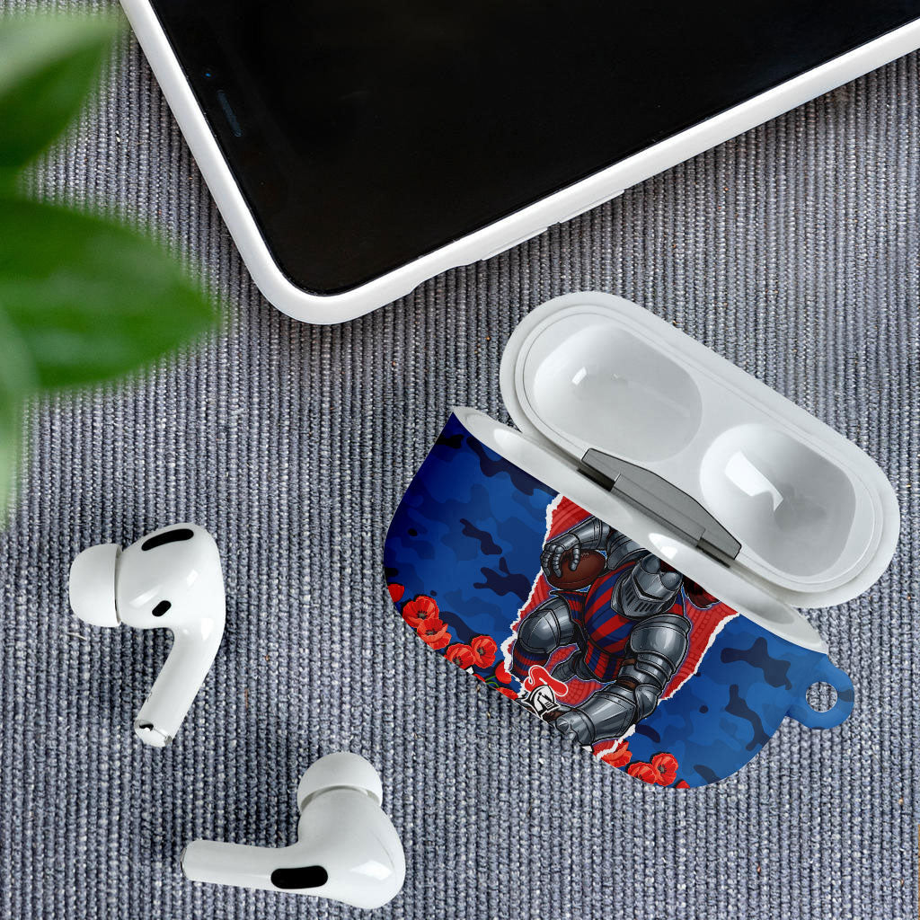 Personalized Newcastle Knights ANZAC Tribute AirPods Case Poppy Field Soldier Silhouette Aboriginal Rugby Mascot