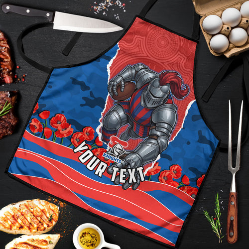 Personalized Newcastle Knights ANZAC Tribute Apron Poppy Field Soldier Silhouette Aboriginal Rugby Mascot
