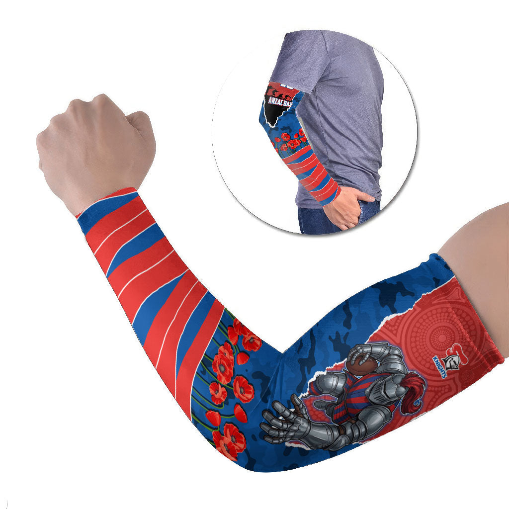 Personalized Newcastle Knights ANZAC Tribute Arm Sleeves Poppy Field Soldier Silhouette Aboriginal Rugby Mascot