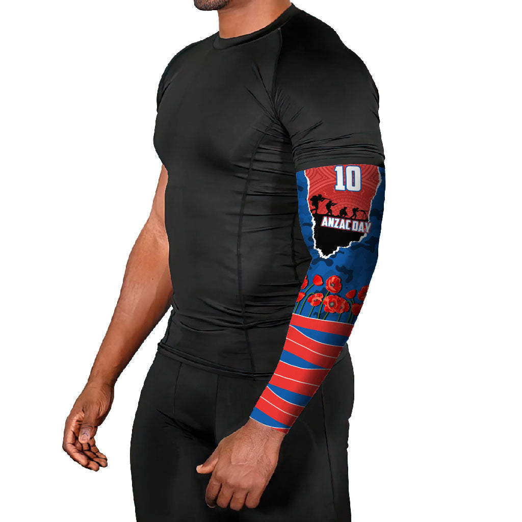 Personalized Newcastle Knights ANZAC Tribute Arm Sleeves Poppy Field Soldier Silhouette Aboriginal Rugby Mascot