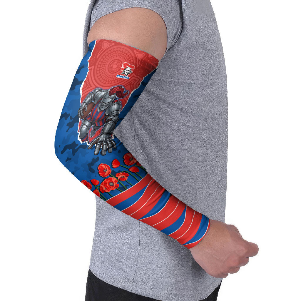 Personalized Newcastle Knights ANZAC Tribute Arm Sleeves Poppy Field Soldier Silhouette Aboriginal Rugby Mascot