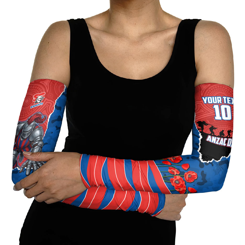 Personalized Newcastle Knights ANZAC Tribute Arm Sleeves Poppy Field Soldier Silhouette Aboriginal Rugby Mascot