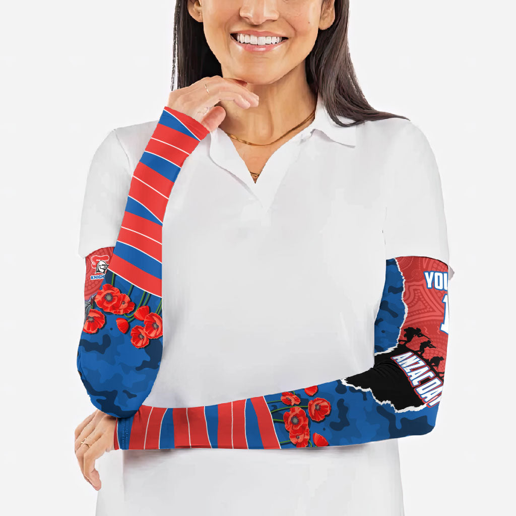 Personalized Newcastle Knights ANZAC Tribute Arm Sleeves Poppy Field Soldier Silhouette Aboriginal Rugby Mascot