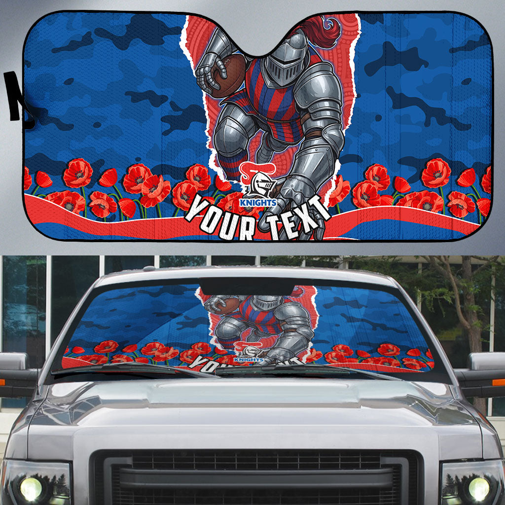 Personalized Newcastle Knights ANZAC Tribute Auto Sun Shade Poppy Field Soldier Silhouette Aboriginal Rugby Mascot