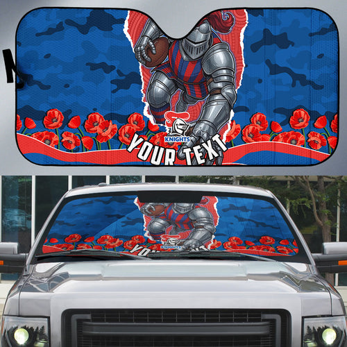 Personalized Newcastle Knights ANZAC Tribute Auto Sun Shade Poppy Field Soldier Silhouette Aboriginal Rugby Mascot