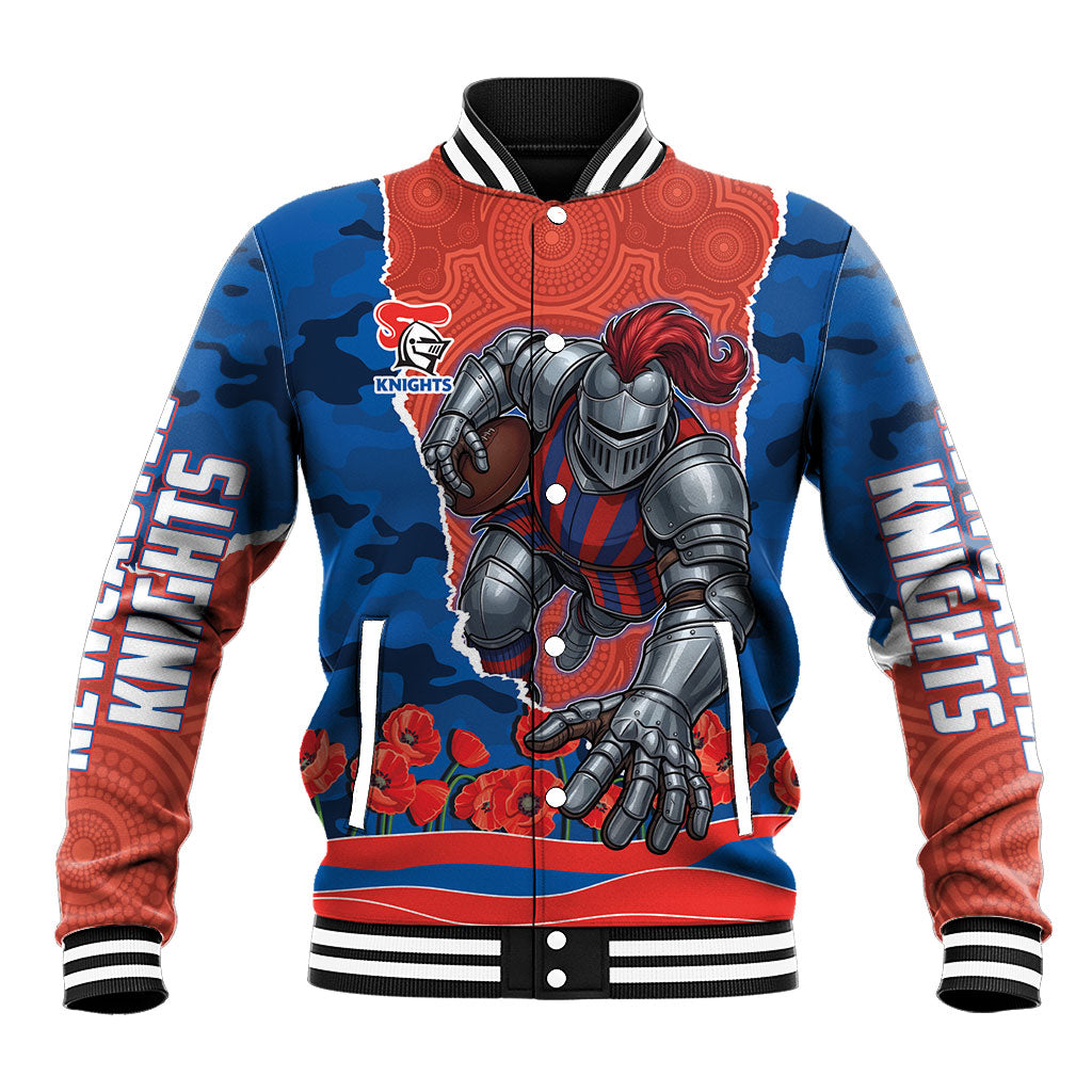 Personalized Newcastle Knights ANZAC Tribute Baseball Jacket Poppy Field Soldier Silhouette Aboriginal Rugby Mascot