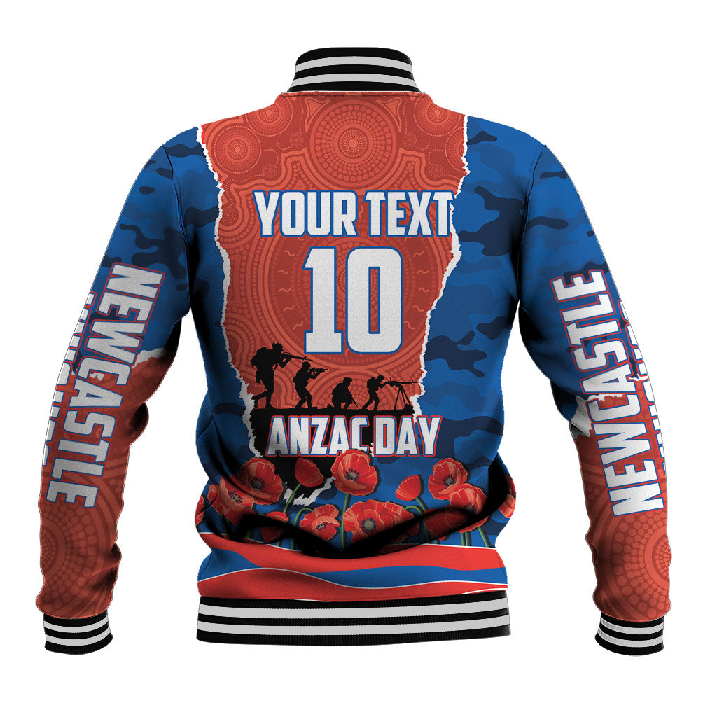 Personalized Newcastle Knights ANZAC Tribute Baseball Jacket Poppy Field Soldier Silhouette Aboriginal Rugby Mascot