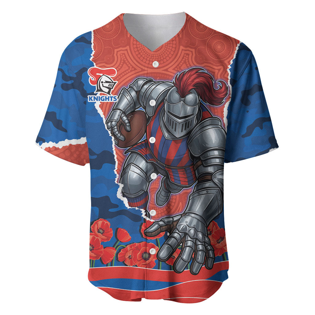 Personalized Newcastle Knights ANZAC Tribute Baseball Jersey Poppy Field Soldier Silhouette Aboriginal Rugby Mascot