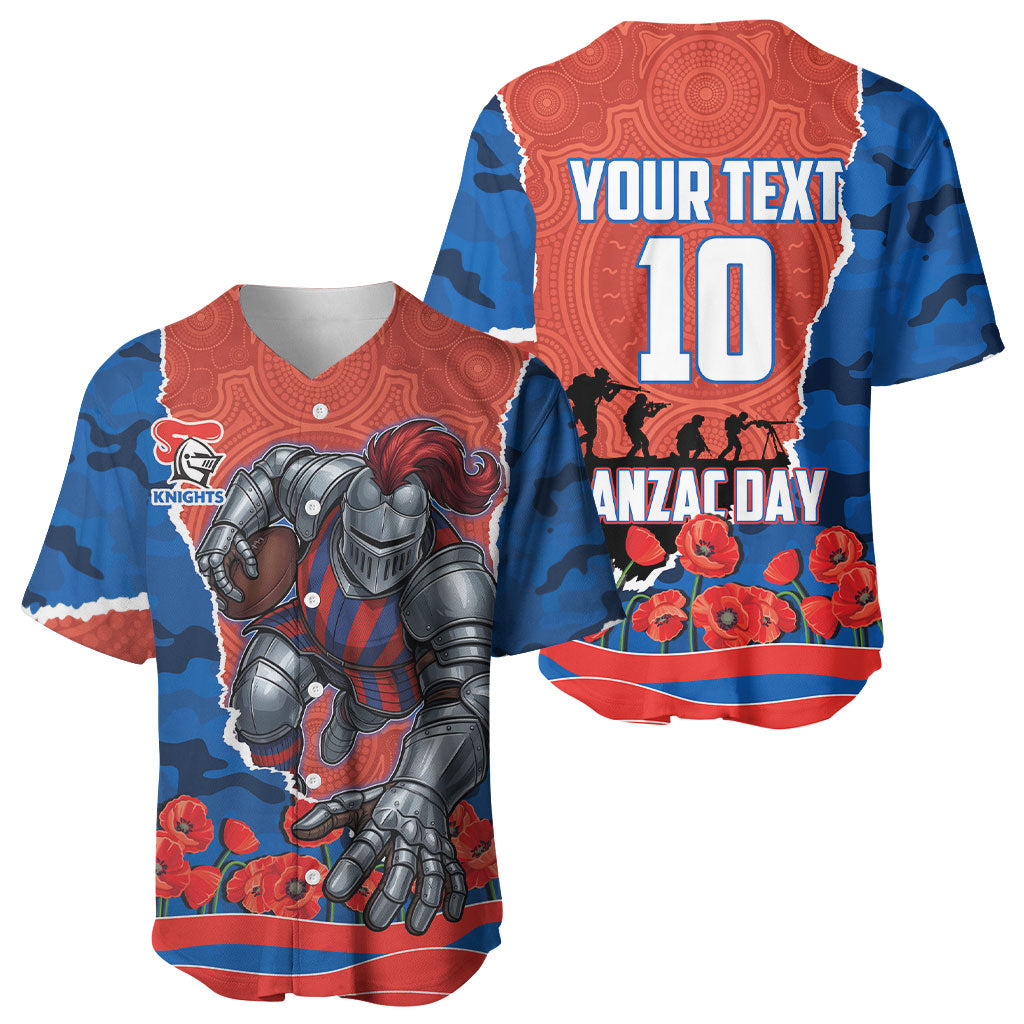 Personalized Newcastle Knights ANZAC Tribute Baseball Jersey Poppy Field Soldier Silhouette Aboriginal Rugby Mascot