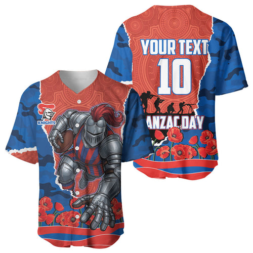 Personalized Newcastle Knights ANZAC Tribute Baseball Jersey Poppy Field Soldier Silhouette Aboriginal Rugby Mascot
