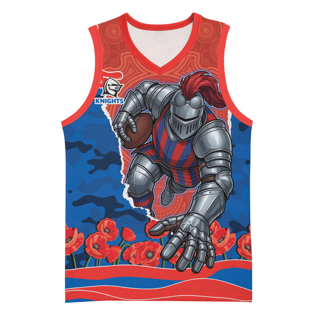 Personalized Newcastle Knights ANZAC Tribute Basketball Jersey Poppy Field Soldier Silhouette Aboriginal Rugby Mascot