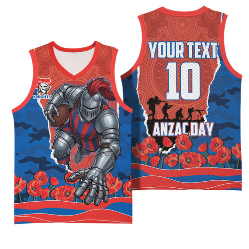 Personalized Newcastle Knights ANZAC Tribute Basketball Jersey Poppy Field Soldier Silhouette Aboriginal Rugby Mascot