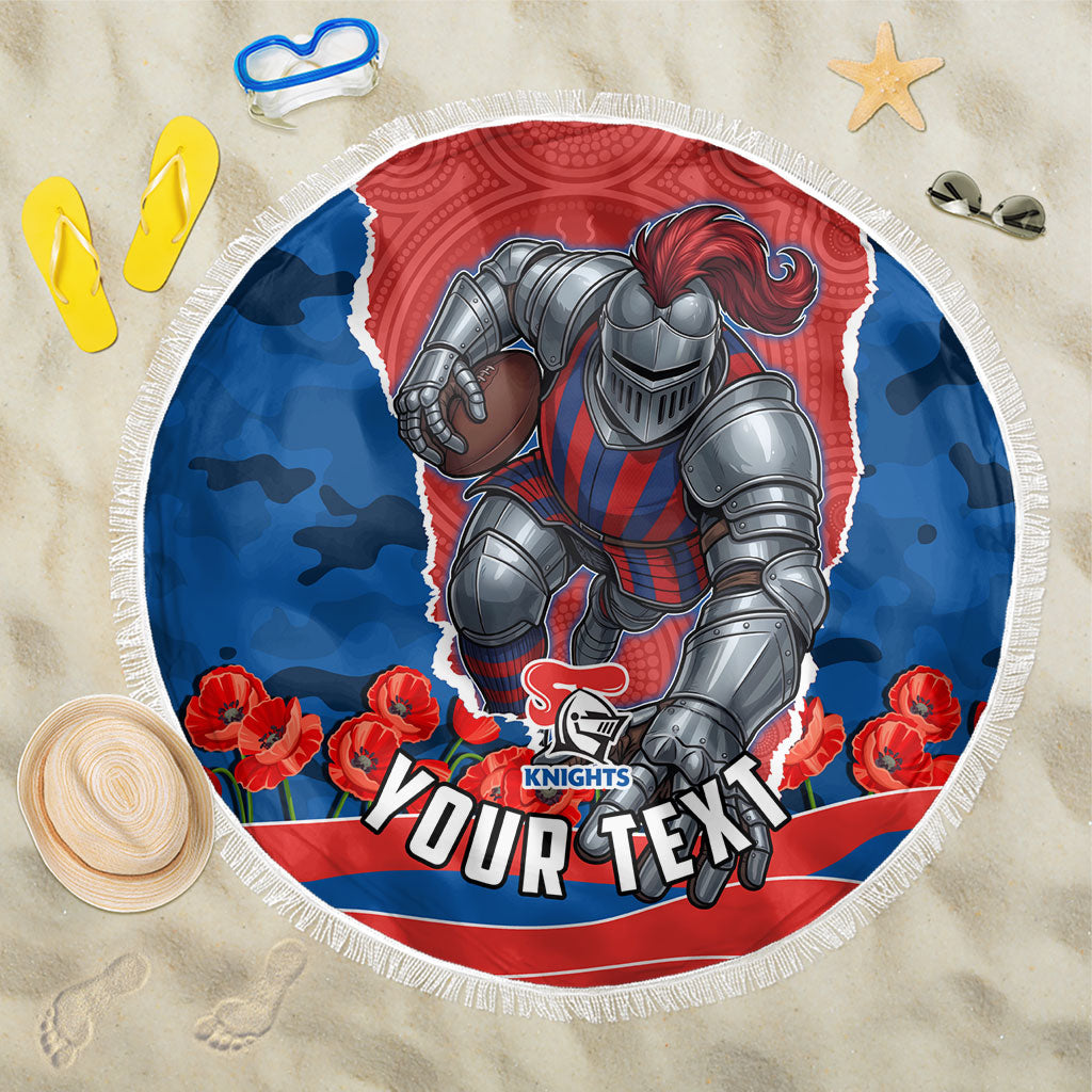Personalized Newcastle Knights ANZAC Tribute Beach Blanket Poppy Field Soldier Silhouette Aboriginal Rugby Mascot