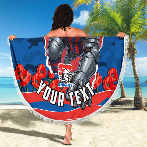 Personalized Newcastle Knights ANZAC Tribute Beach Blanket Poppy Field Soldier Silhouette Aboriginal Rugby Mascot