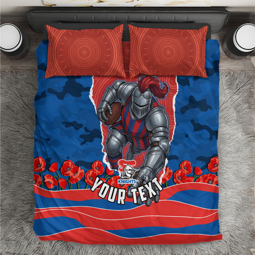 Personalized Newcastle Knights ANZAC Tribute Bedding Set Poppy Field Soldier Silhouette Aboriginal Rugby Mascot