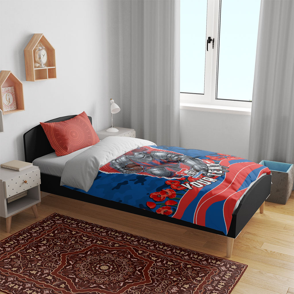 Personalized Newcastle Knights ANZAC Tribute Bedding Set Poppy Field Soldier Silhouette Aboriginal Rugby Mascot