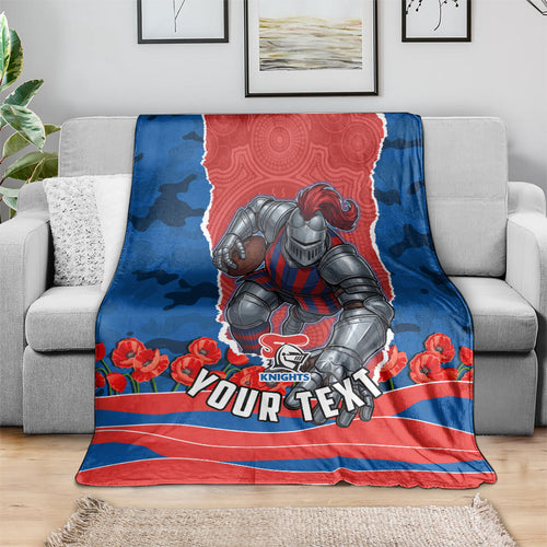 Personalized Newcastle Knights ANZAC Tribute Blanket Poppy Field Soldier Silhouette Aboriginal Rugby Mascot