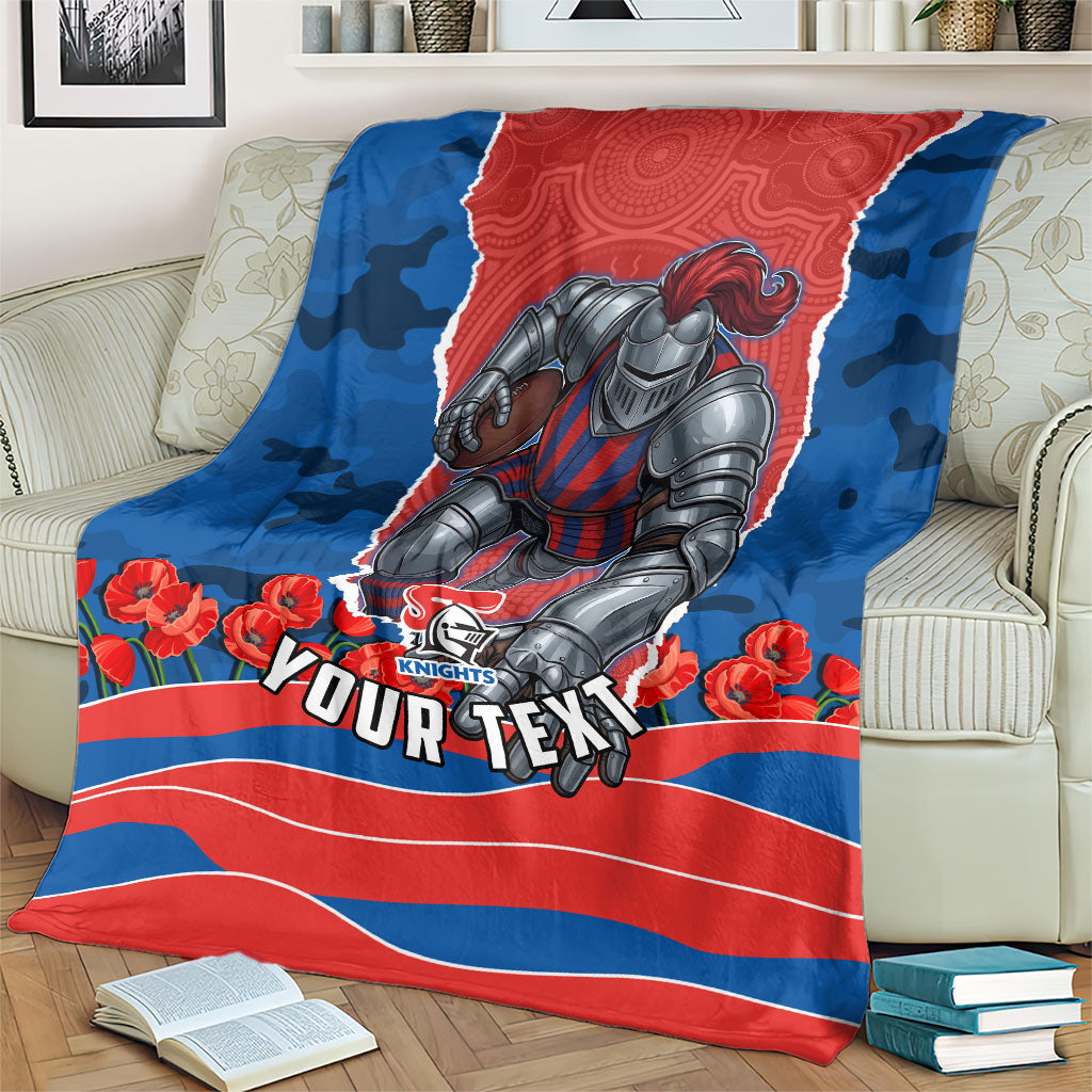 Personalized Newcastle Knights ANZAC Tribute Blanket Poppy Field Soldier Silhouette Aboriginal Rugby Mascot