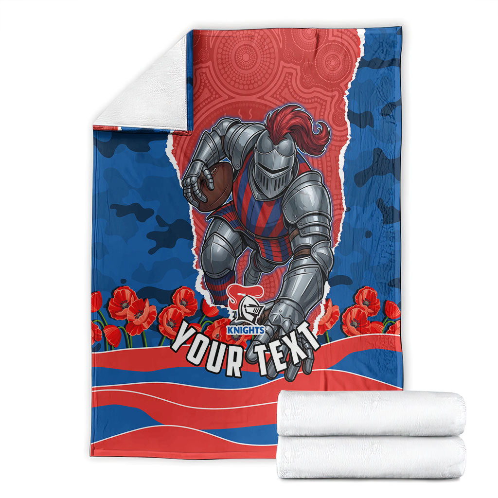 Personalized Newcastle Knights ANZAC Tribute Blanket Poppy Field Soldier Silhouette Aboriginal Rugby Mascot