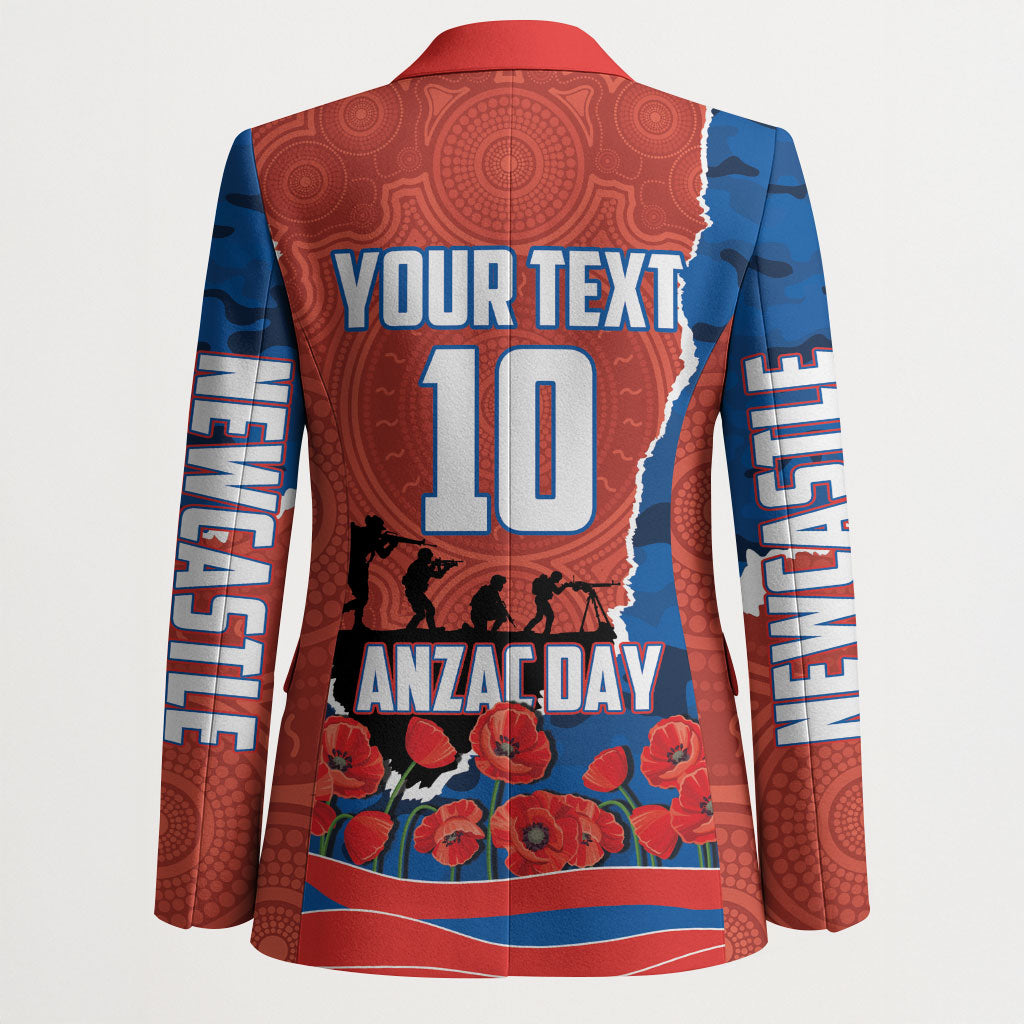 Personalized Newcastle Knights ANZAC Tribute Blazer Poppy Field Soldier Silhouette Aboriginal Rugby Mascot