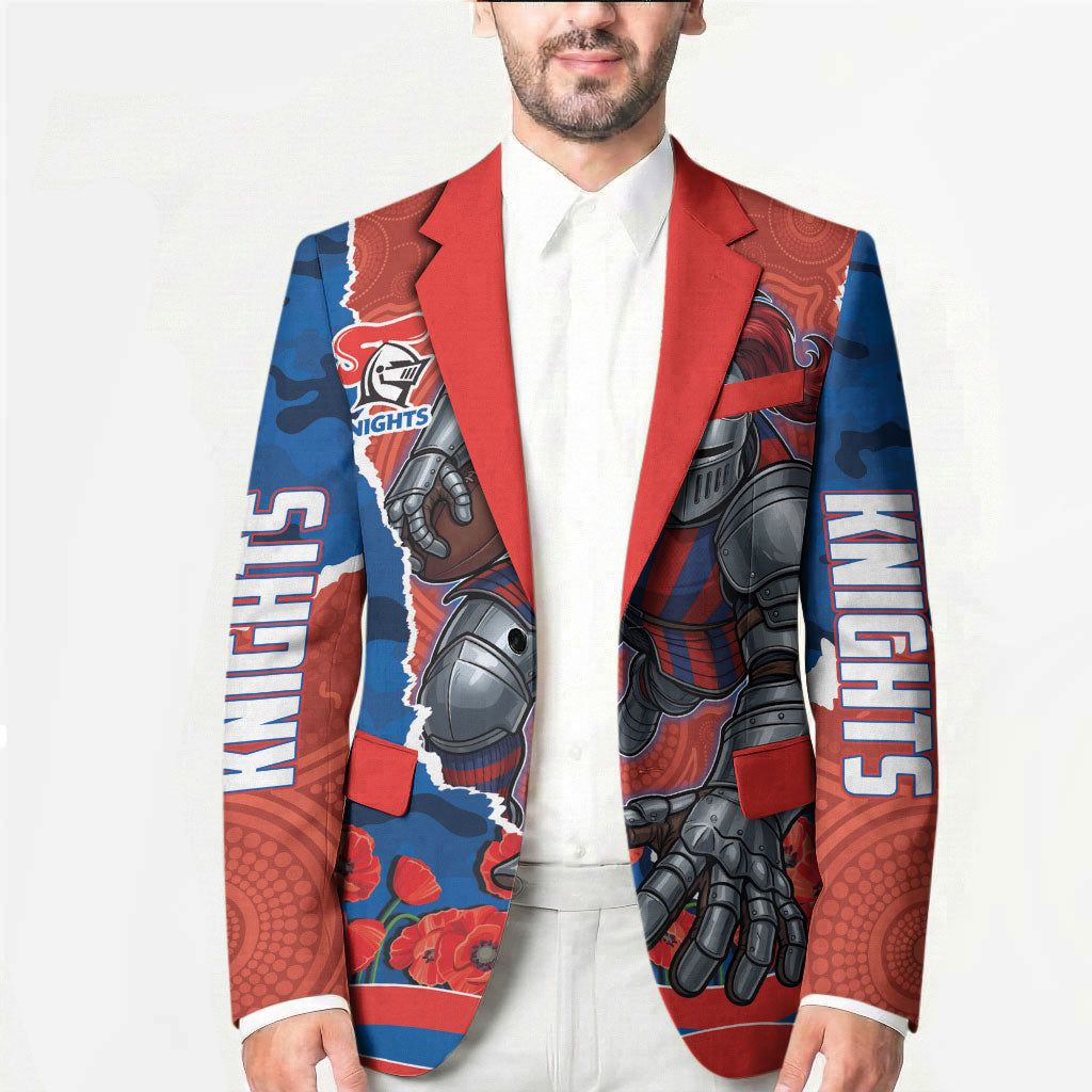 Personalized Newcastle Knights ANZAC Tribute Blazer Poppy Field Soldier Silhouette Aboriginal Rugby Mascot
