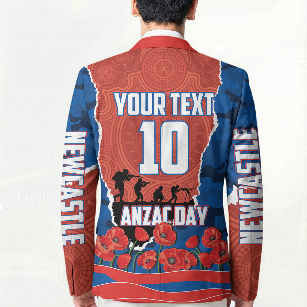 Personalized Newcastle Knights ANZAC Tribute Blazer Poppy Field Soldier Silhouette Aboriginal Rugby Mascot