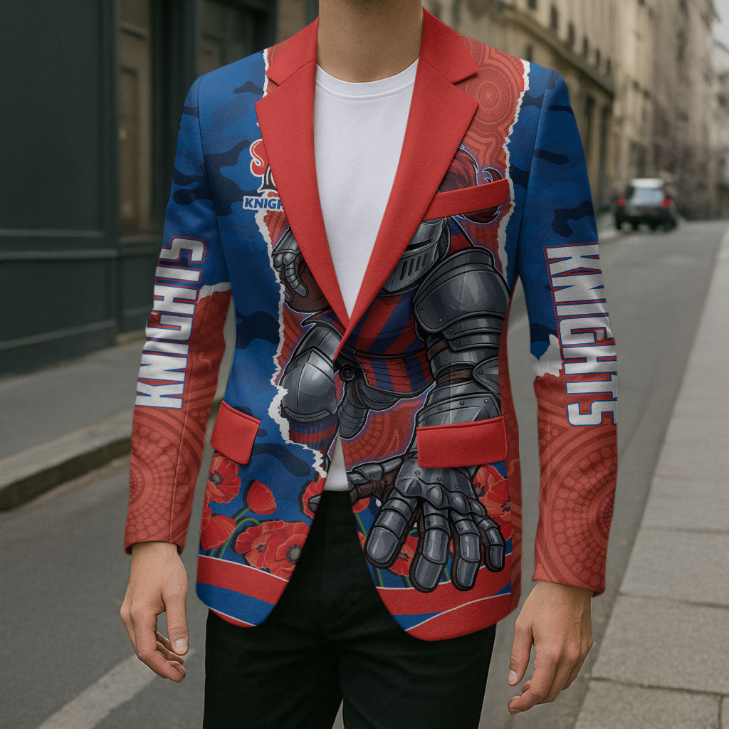 Personalized Newcastle Knights ANZAC Tribute Blazer Poppy Field Soldier Silhouette Aboriginal Rugby Mascot