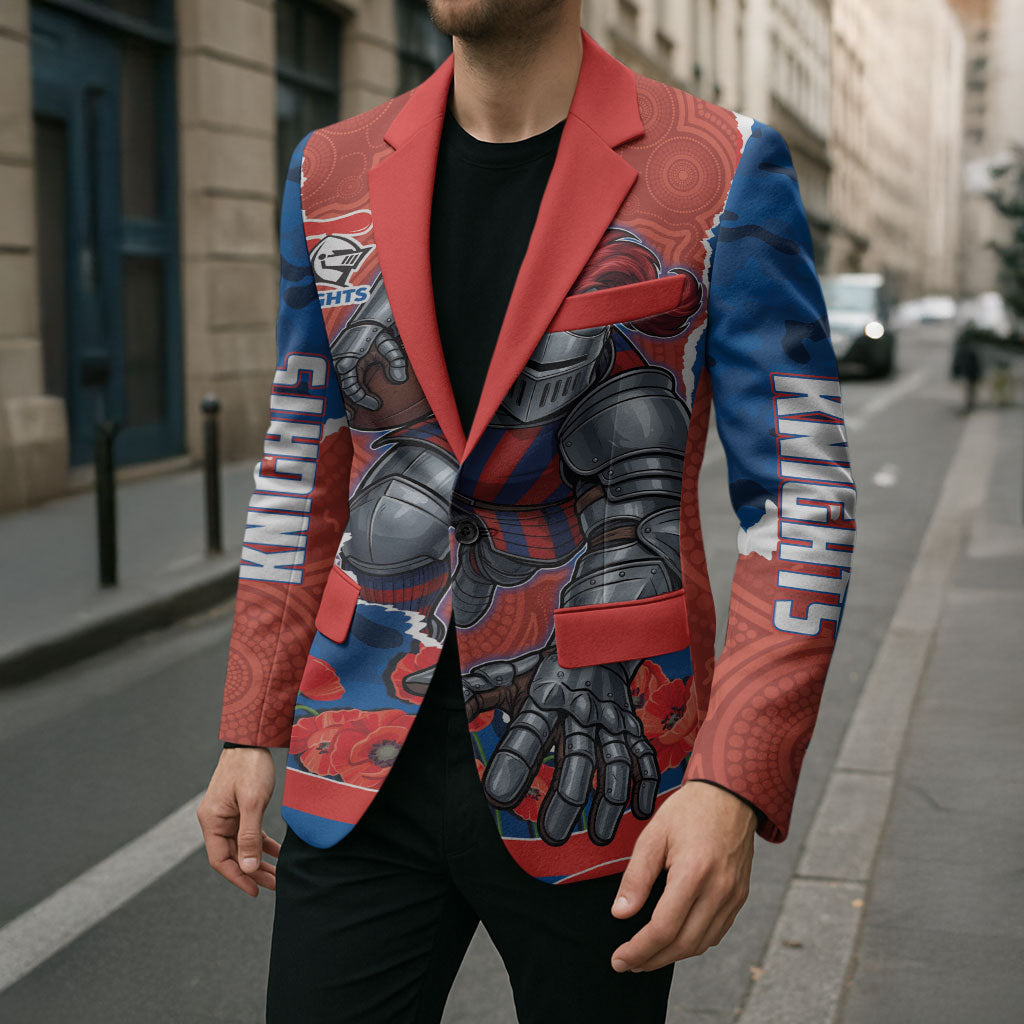 Personalized Newcastle Knights ANZAC Tribute Blazer Poppy Field Soldier Silhouette Aboriginal Rugby Mascot