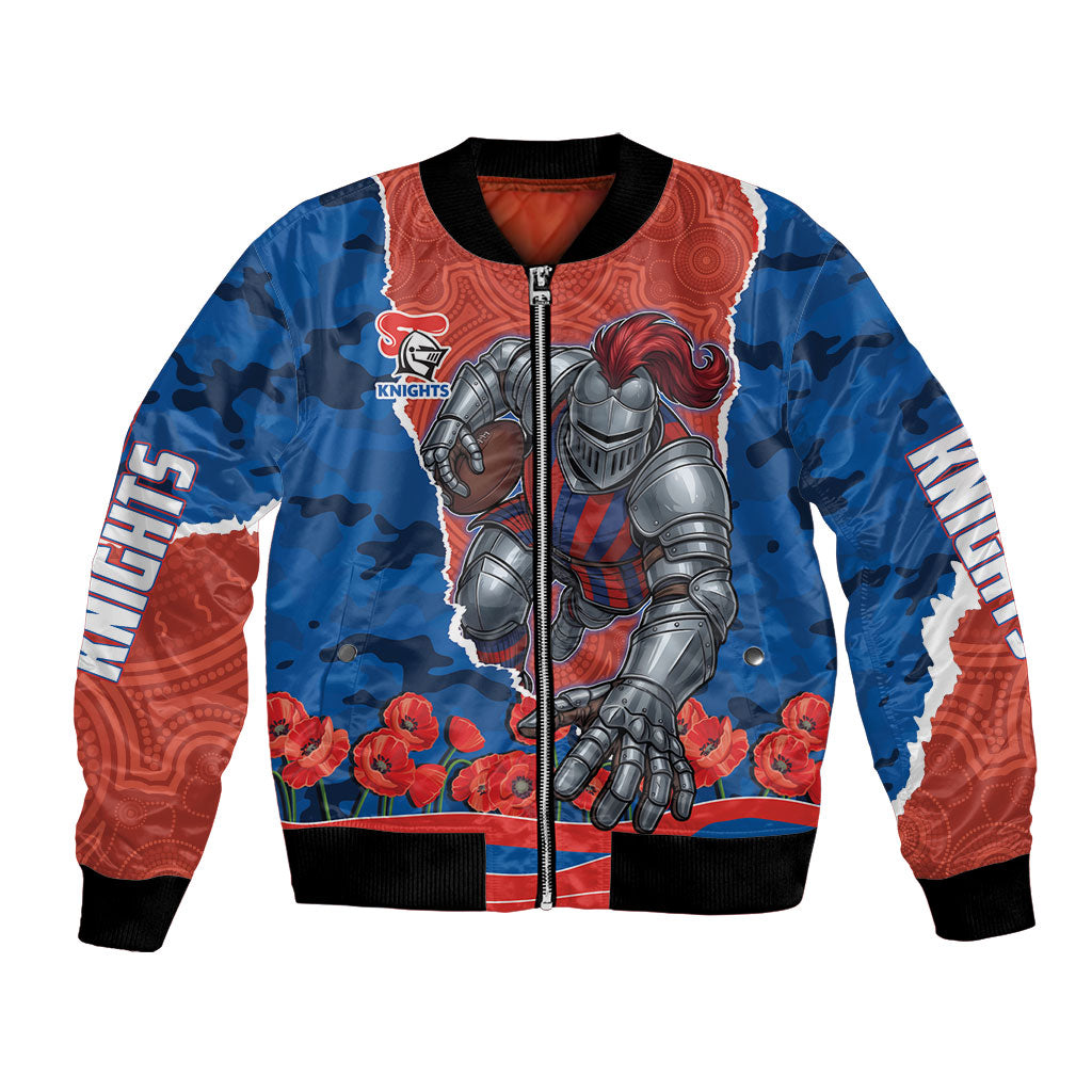 Personalized Newcastle Knights ANZAC Tribute Bomber Jacket Poppy Field Soldier Silhouette Aboriginal Rugby Mascot