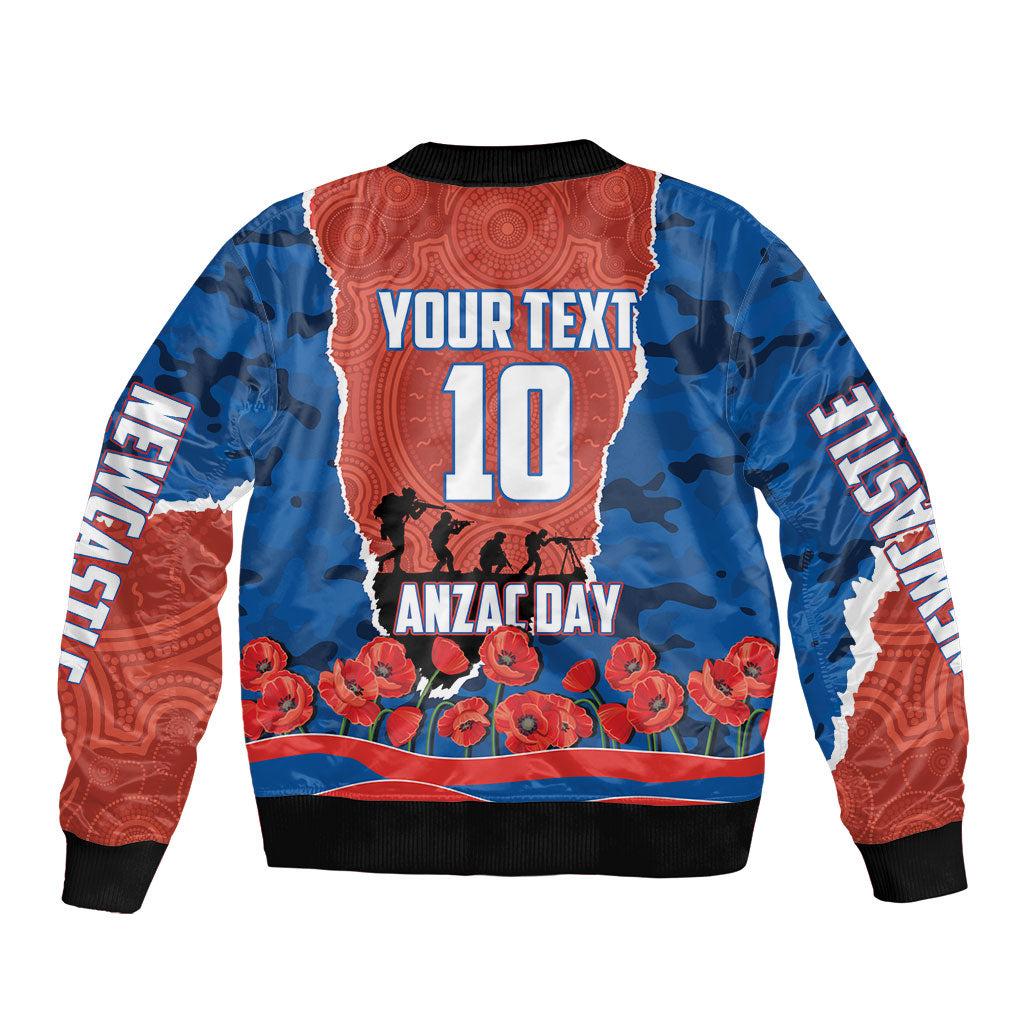 Personalized Newcastle Knights ANZAC Tribute Bomber Jacket Poppy Field Soldier Silhouette Aboriginal Rugby Mascot