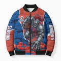 Personalized Newcastle Knights ANZAC Tribute Bomber Puffer Jacket Poppy Field Soldier Silhouette Aboriginal Rugby Mascot