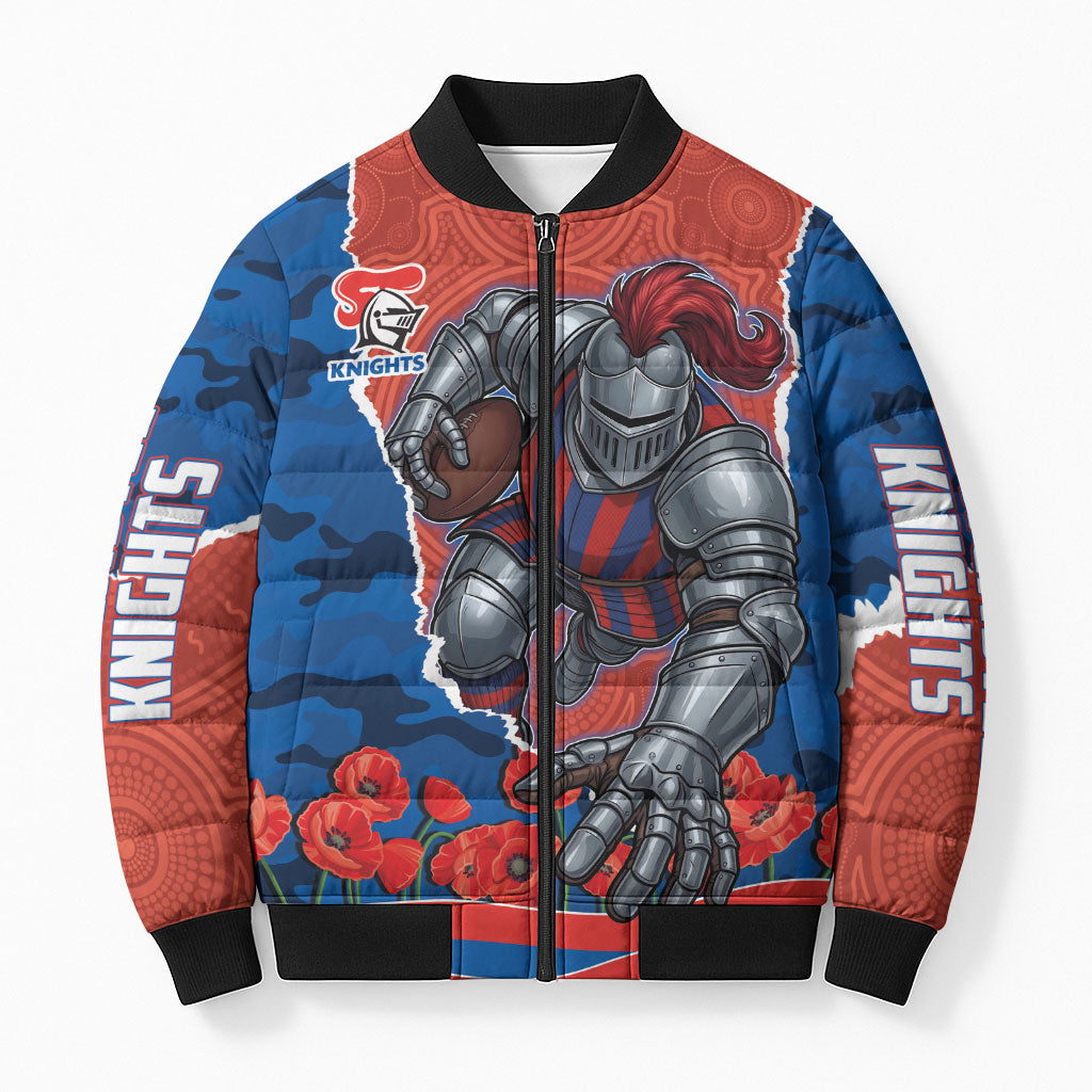 Personalized Newcastle Knights ANZAC Tribute Bomber Puffer Jacket Poppy Field Soldier Silhouette Aboriginal Rugby Mascot