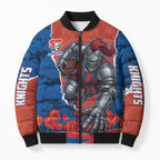 Personalized Newcastle Knights ANZAC Tribute Bomber Puffer Jacket Poppy Field Soldier Silhouette Aboriginal Rugby Mascot