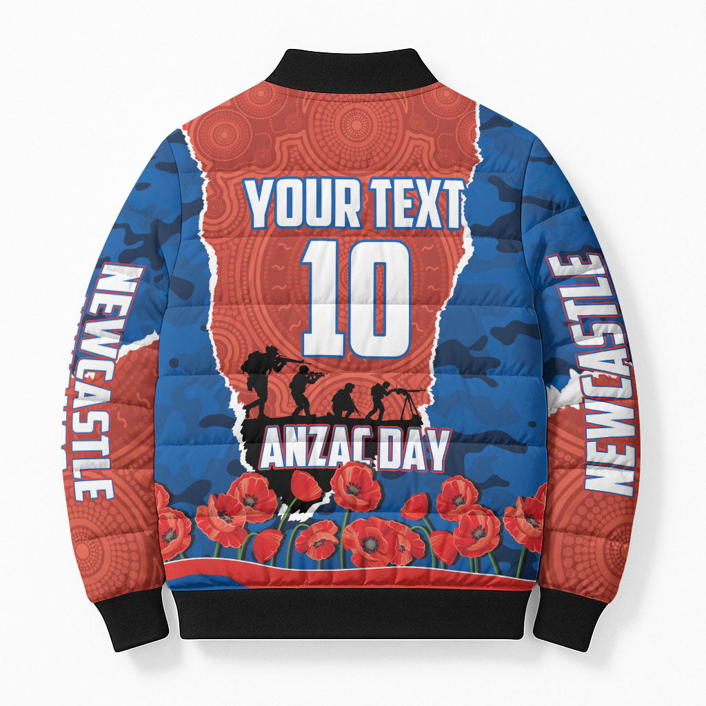 Personalized Newcastle Knights ANZAC Tribute Bomber Puffer Jacket Poppy Field Soldier Silhouette Aboriginal Rugby Mascot