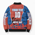 Personalized Newcastle Knights ANZAC Tribute Bomber Puffer Jacket Poppy Field Soldier Silhouette Aboriginal Rugby Mascot