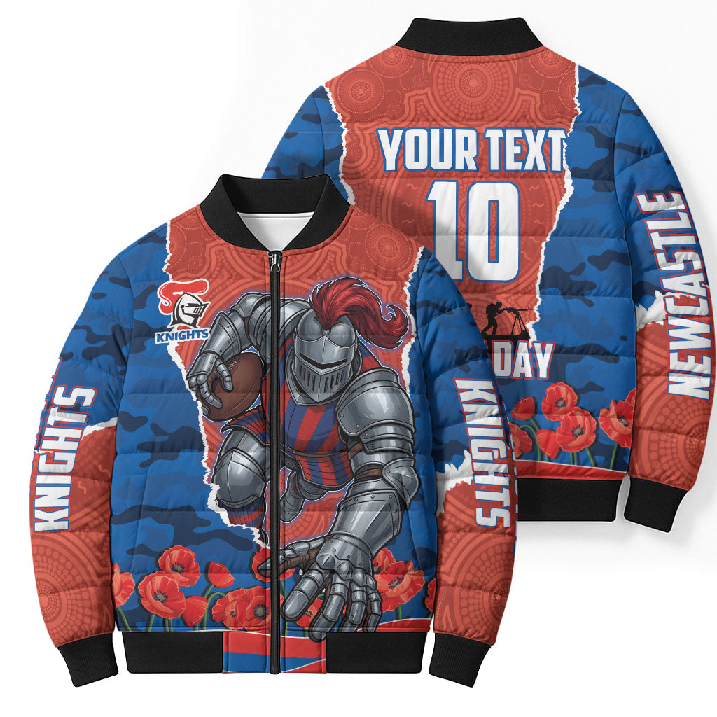 Personalized Newcastle Knights ANZAC Tribute Bomber Puffer Jacket Poppy Field Soldier Silhouette Aboriginal Rugby Mascot