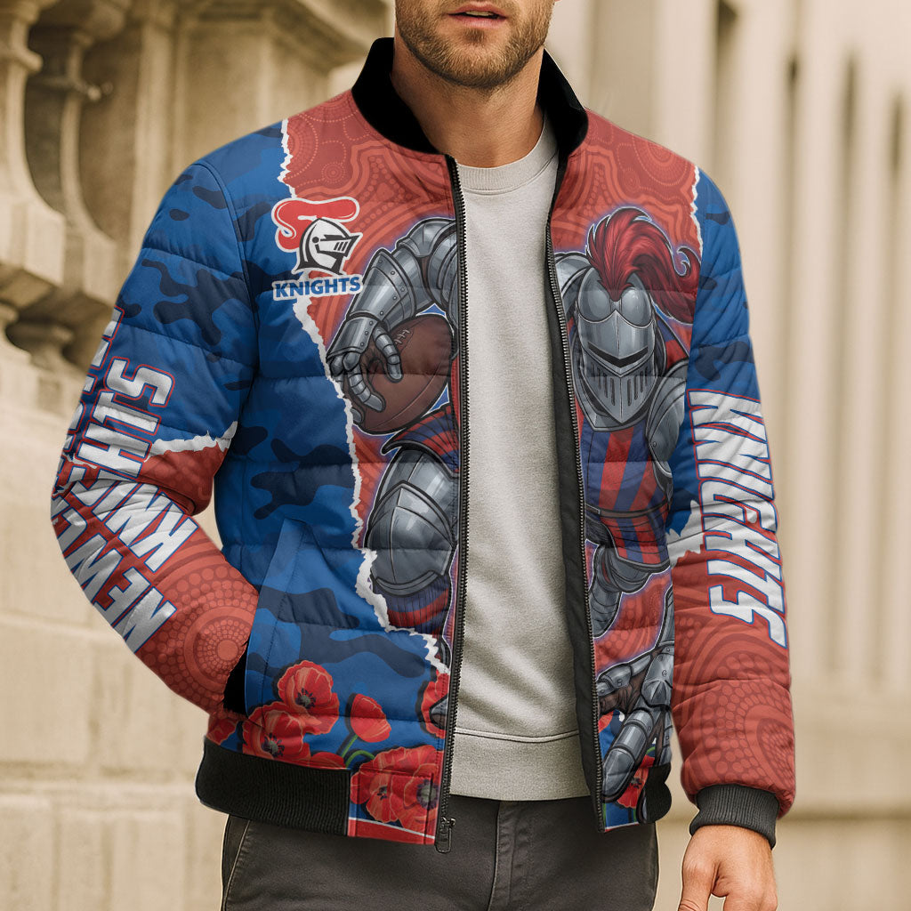 Personalized Newcastle Knights ANZAC Tribute Bomber Puffer Jacket Poppy Field Soldier Silhouette Aboriginal Rugby Mascot