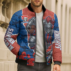 Personalized Newcastle Knights ANZAC Tribute Bomber Puffer Jacket Poppy Field Soldier Silhouette Aboriginal Rugby Mascot