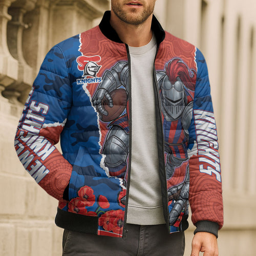 Personalized Newcastle Knights ANZAC Tribute Bomber Puffer Jacket Poppy Field Soldier Silhouette Aboriginal Rugby Mascot