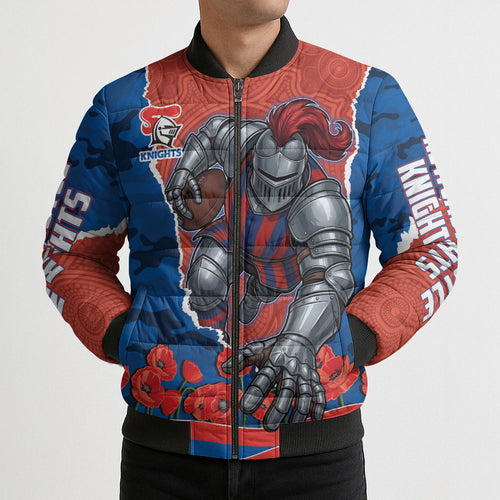 Personalized Newcastle Knights ANZAC Tribute Bomber Puffer Jacket Poppy Field Soldier Silhouette Aboriginal Rugby Mascot