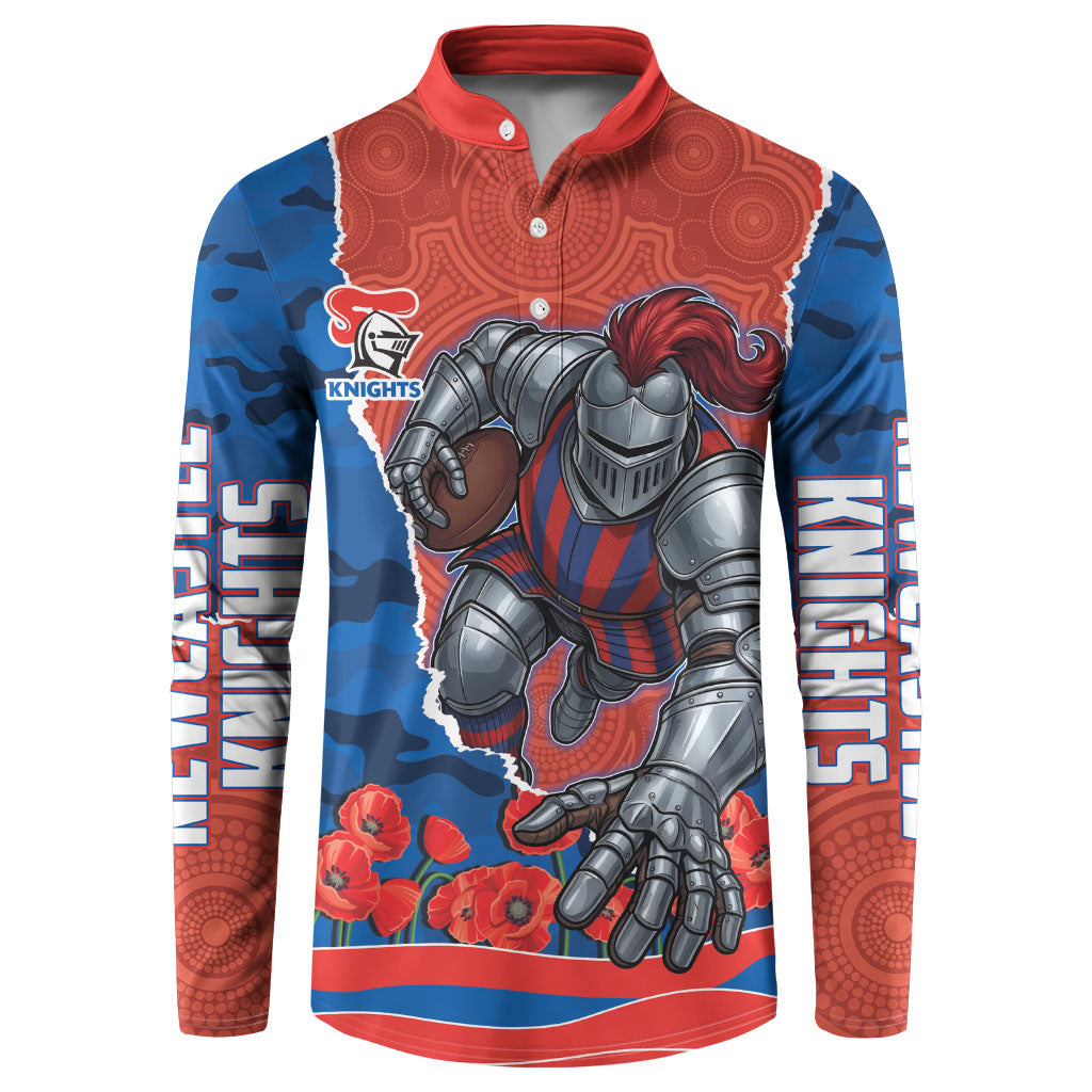 Personalized Newcastle Knights ANZAC Tribute Button Sweatshirt Poppy Field Soldier Silhouette Aboriginal Rugby Mascot