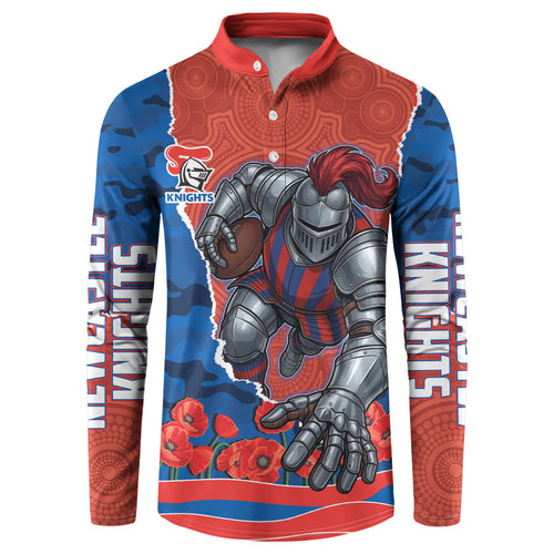Personalized Newcastle Knights ANZAC Tribute Button Sweatshirt Poppy Field Soldier Silhouette Aboriginal Rugby Mascot