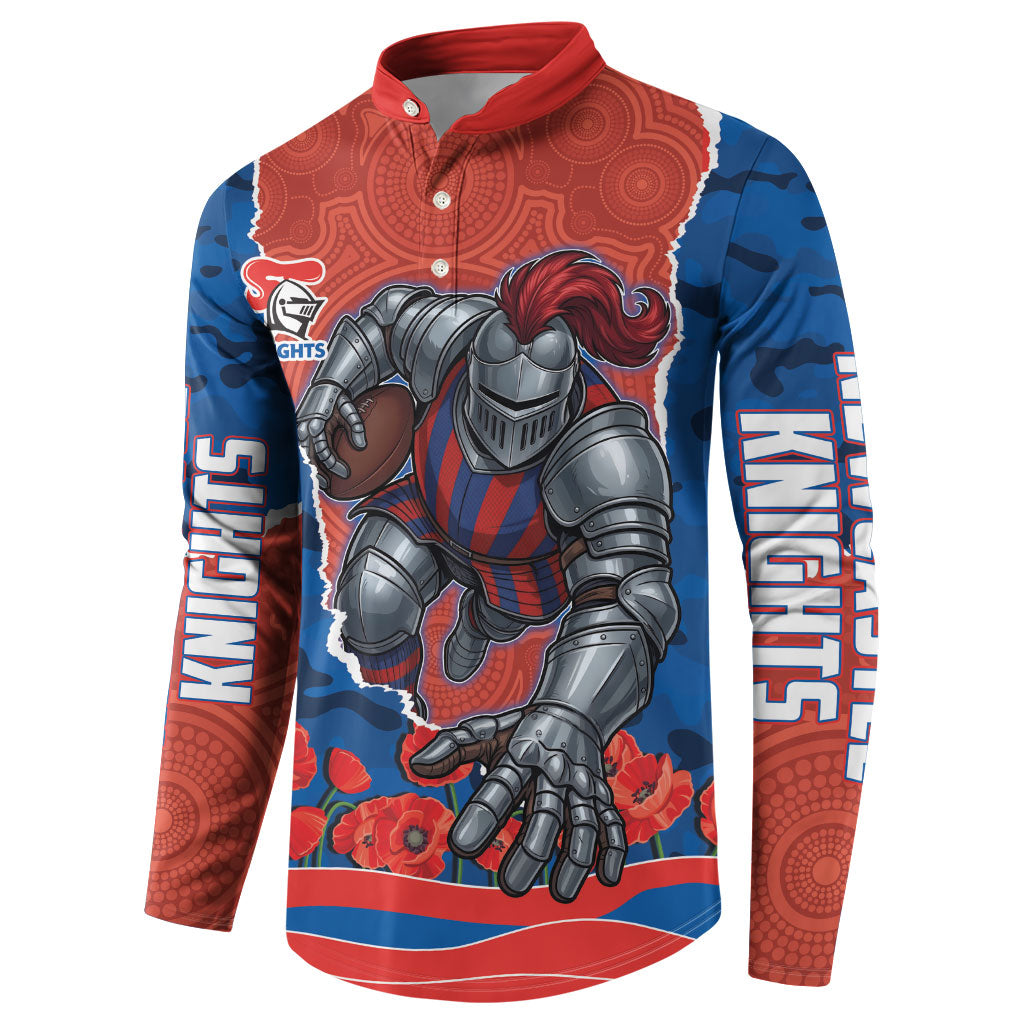 Personalized Newcastle Knights ANZAC Tribute Button Sweatshirt Poppy Field Soldier Silhouette Aboriginal Rugby Mascot