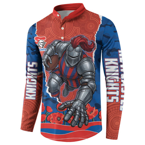 Personalized Newcastle Knights ANZAC Tribute Button Sweatshirt Poppy Field Soldier Silhouette Aboriginal Rugby Mascot